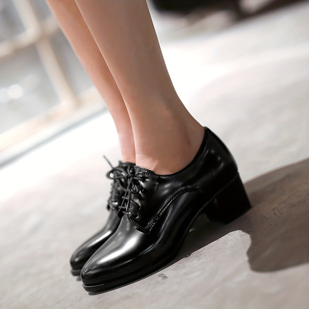 Women's Chunky Mid Heels, Pointed Toe Lace Up Faux Leather Shoes, Versatile Office Court Pumps