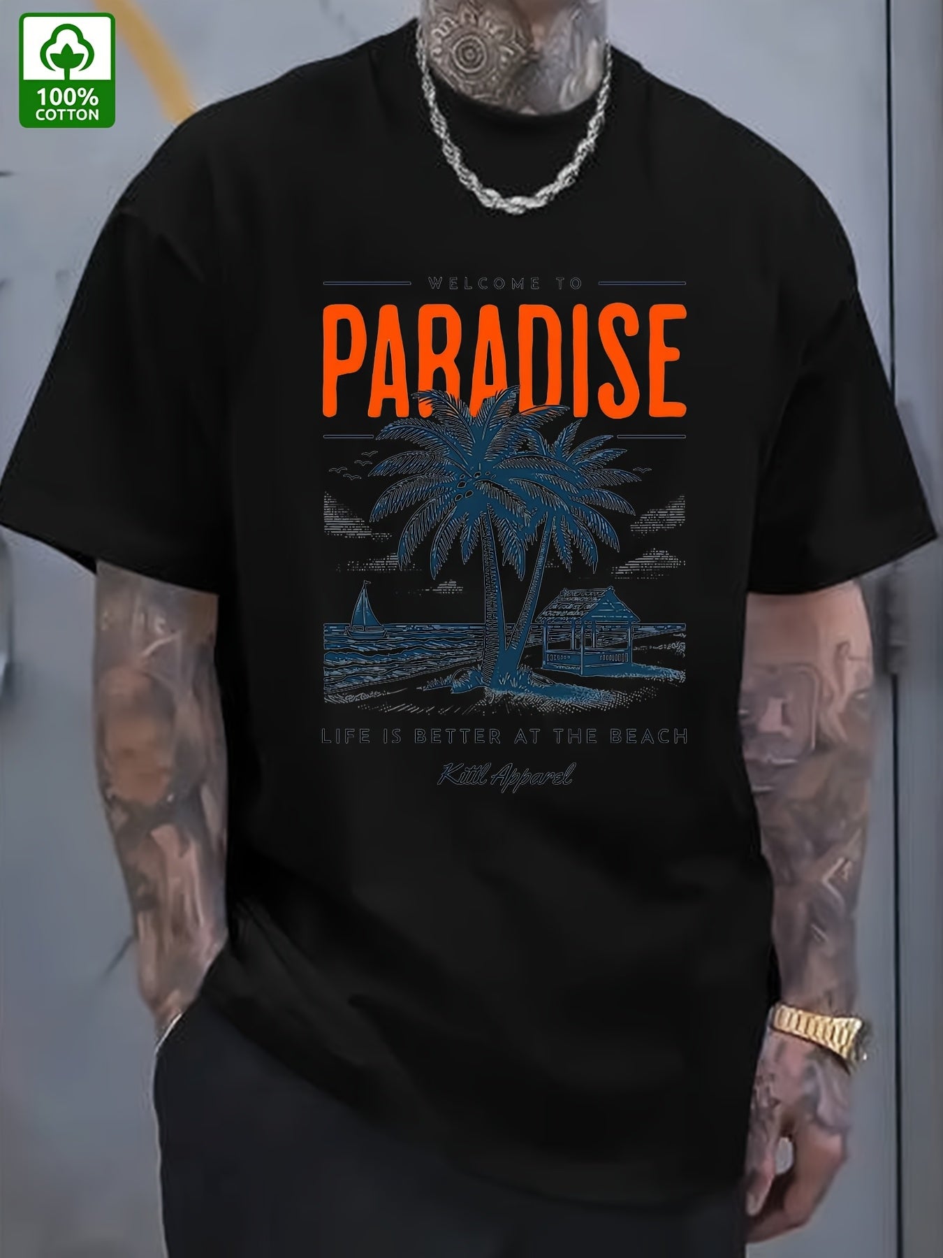 Men's Summer Casual Short Sleeve T-Shirt - 100% Cotton Relaxed Fit Round Neck Tee with Tropical Beach Paradise Graphic Print, Machine Washable for Outdoor & Daily Wear, Summer Clothing | Slogan Tshirt