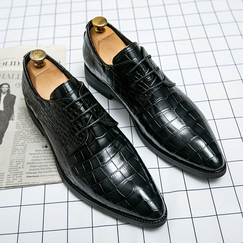Elegant Crocodile-Embossed Derby Shoes | All-Season Slip-On with Pointed Toe for Business & Wedding: Durable, Stylish Comfort