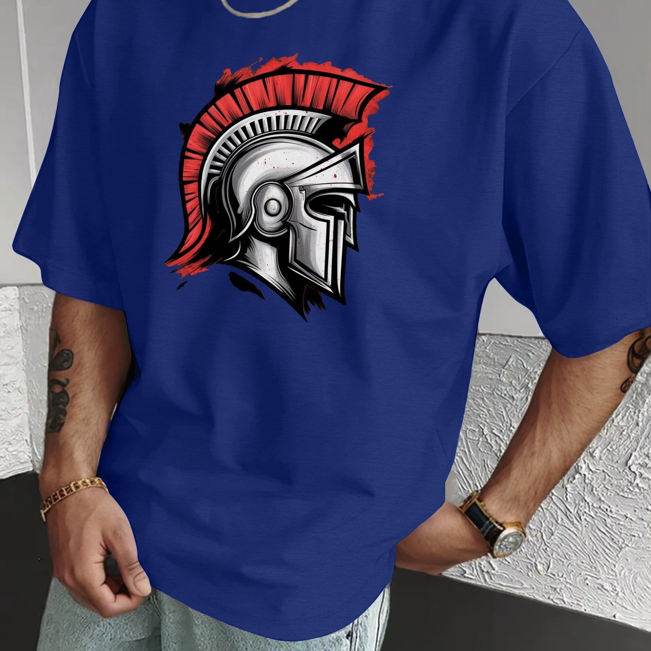 Men'S Spartan Helmet Graphic T-Shirt - Casual Polyester Short Sleeve Tee with Gladiator Design, Black, Summer Fashion, Everyday Tshirt | Graphic Print Tee | Sleek Black Fabric