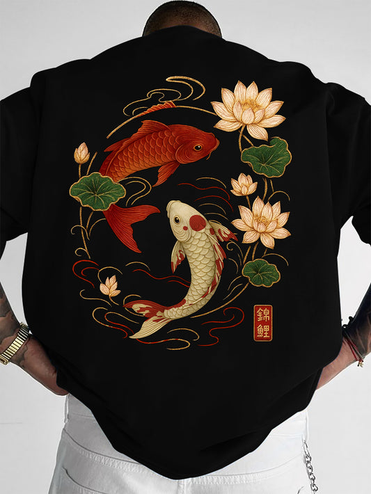 Men's Korean Style Koi Fish & Lotus T-Shirt, Dark Green/Black with Golden/Yellow Koi Print, Loose Fit Streetwear Summer Tee, Machine Washable Soft Polyester-Like Fabric, Casual & Asian-Themed Outfits, Halloween Costume, Tops,