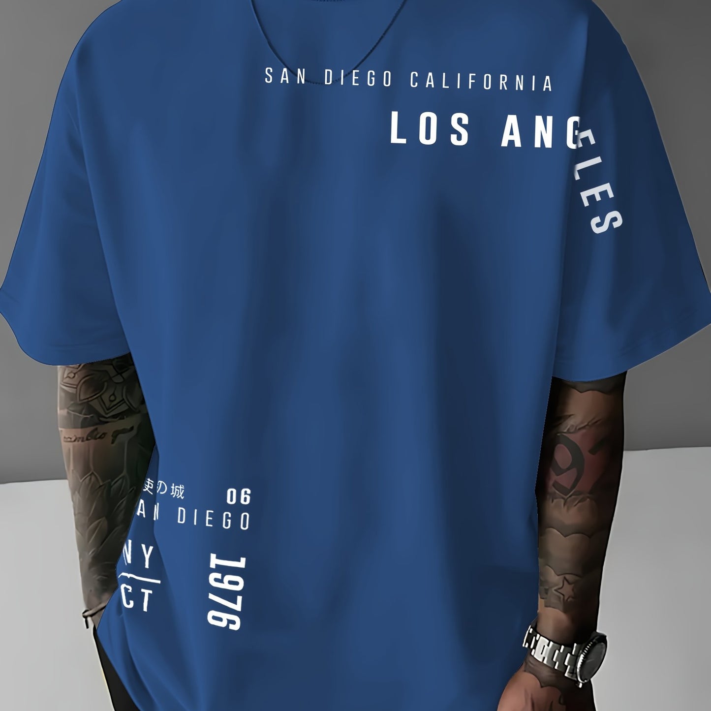 Men'S Casual "Los Angeles" Graphic T-Shirt - Blue, Short Sleeve, Round Neck, Comfortable & Stylish Summer Top with White Lettering, Perfect for Streetwear or Casual Attire, Everyday Tshirt | Streetwear Style | Comfortable Fit