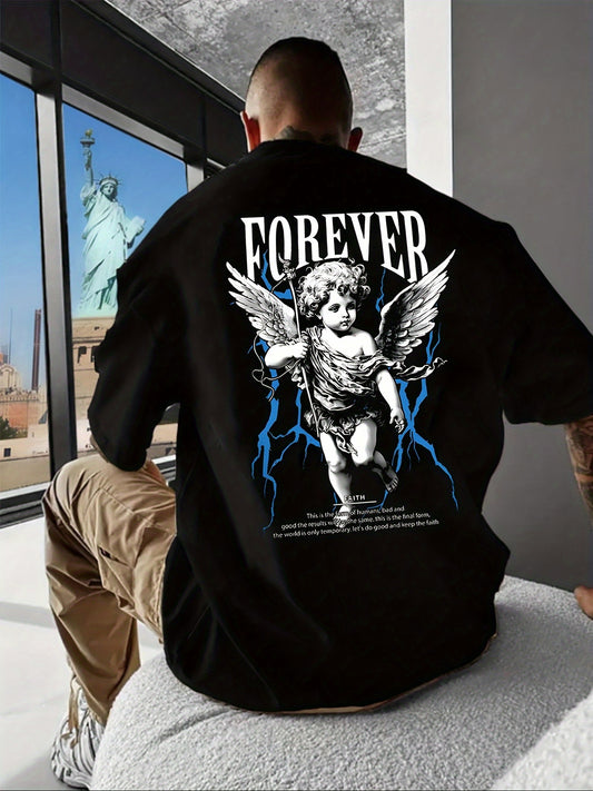 Men's "FOREVER" Angel Graphic T-Shirt - Soft, Stretchy Polyester Knit, Casual Summer Style, Crew Neck, Short Sleeve with Winged Boy Design, Casual Summer Wear|Bold Print Shirt|Glossy Fabric, Angel Tshirt