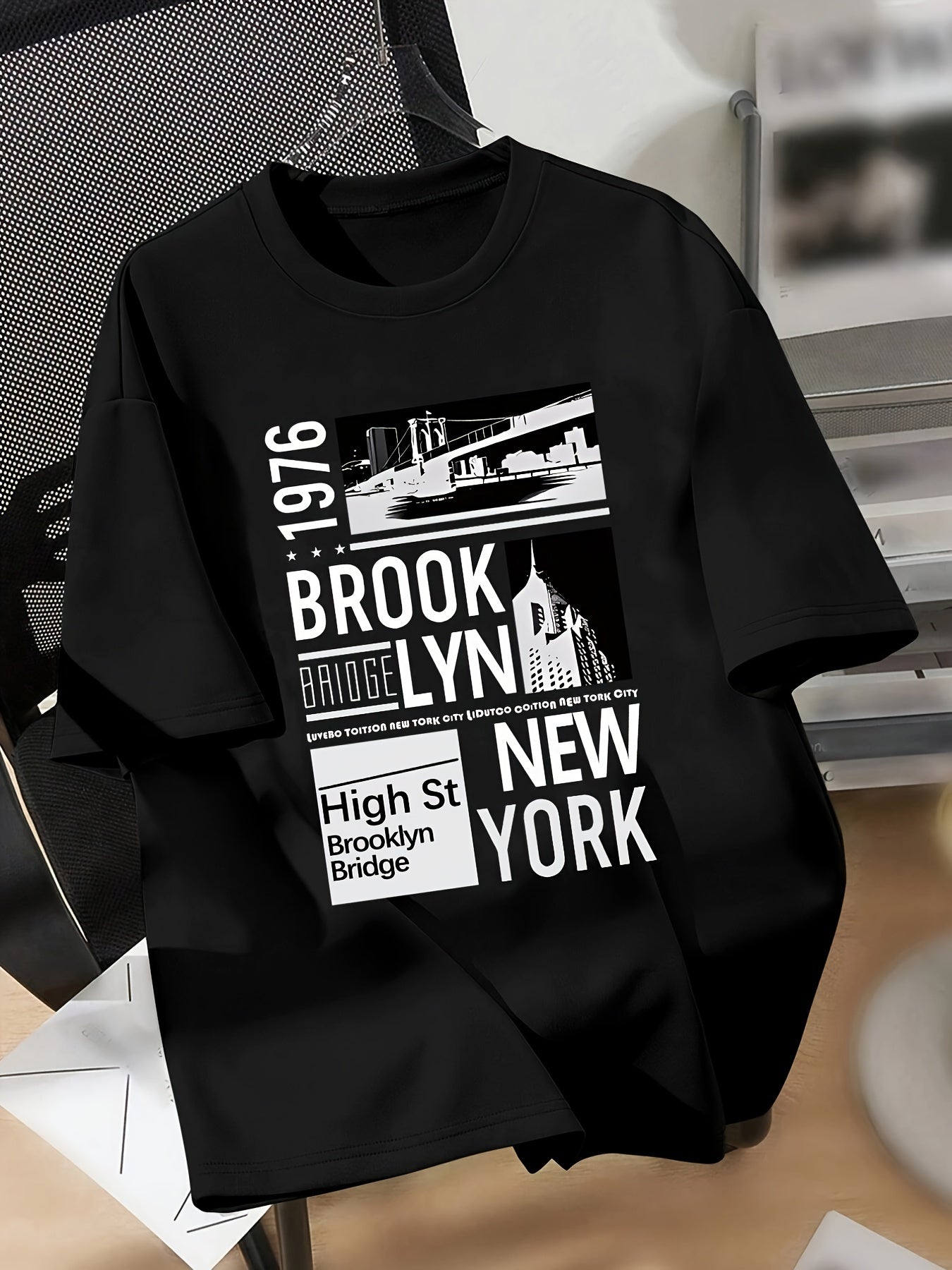 Boys' 1976 Brooklyn NY Graphic T-Shirt - Casual Crew Neck, Short Sleeve, Light Gray with Black Print, Polyester Blend, Spring/Summer Tee for Teens, Summer Tshirt | Trendy Youth Fashion | Stretch Knit Fabric