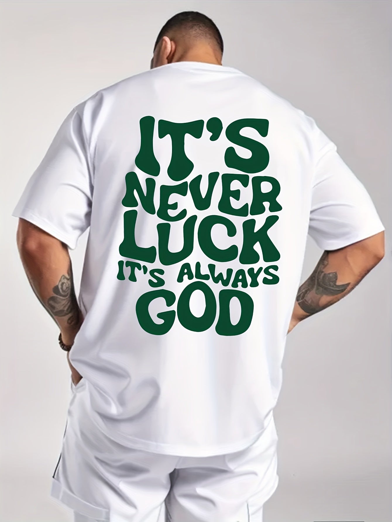 Men's Vintage "It's Never Luck" Graphic Tee - White Crew Neck Short Sleeve T-Shirt, 95% Polyester, Casual Summer Top for Casual Attire, Streetwear Fashion | Medium Stretch Fabric, Vintage Tshirt