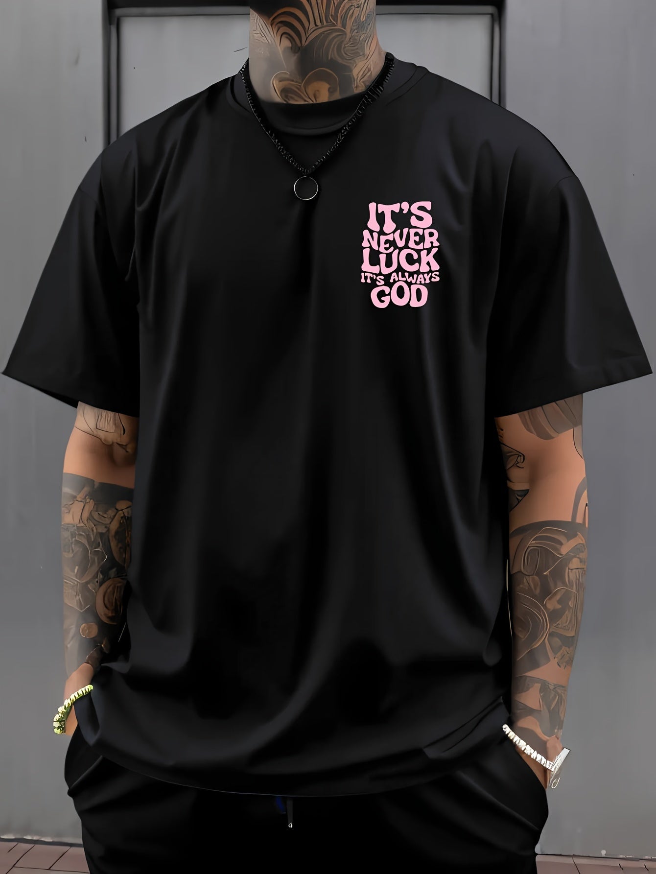 Men's Vintage "It's Never Luck" Graphic Tee - White Crew Neck Short Sleeve T-Shirt, 95% Polyester, Casual Summer Top for Casual Attire, Streetwear Fashion | Medium Stretch Fabric, Vintage Tshirt