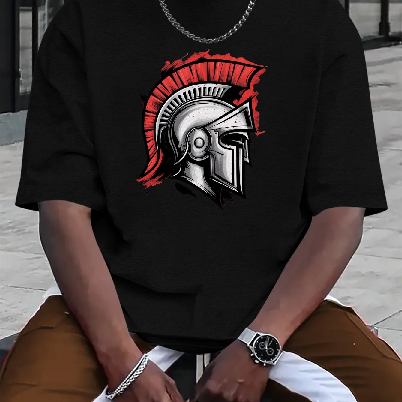 Men'S Spartan Helmet Graphic T-Shirt - Casual Polyester Short Sleeve Tee with Gladiator Design, Black, Summer Fashion, Everyday Tshirt | Graphic Print Tee | Sleek Black Fabric