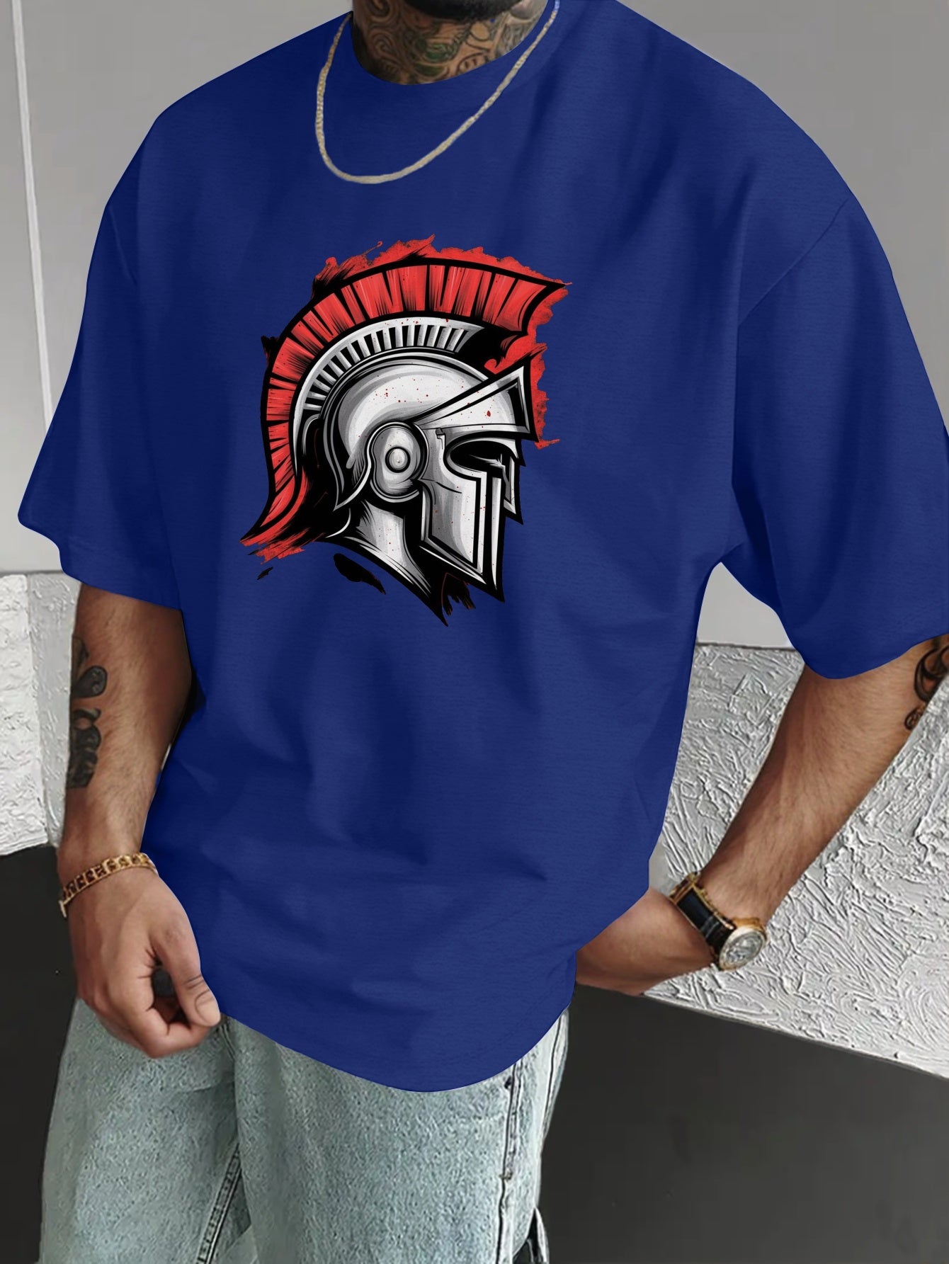 Men'S Spartan Helmet Graphic T-Shirt - Casual Polyester Short Sleeve Tee with Gladiator Design, Black, Summer Fashion, Everyday Tshirt | Graphic Print Tee | Sleek Black Fabric