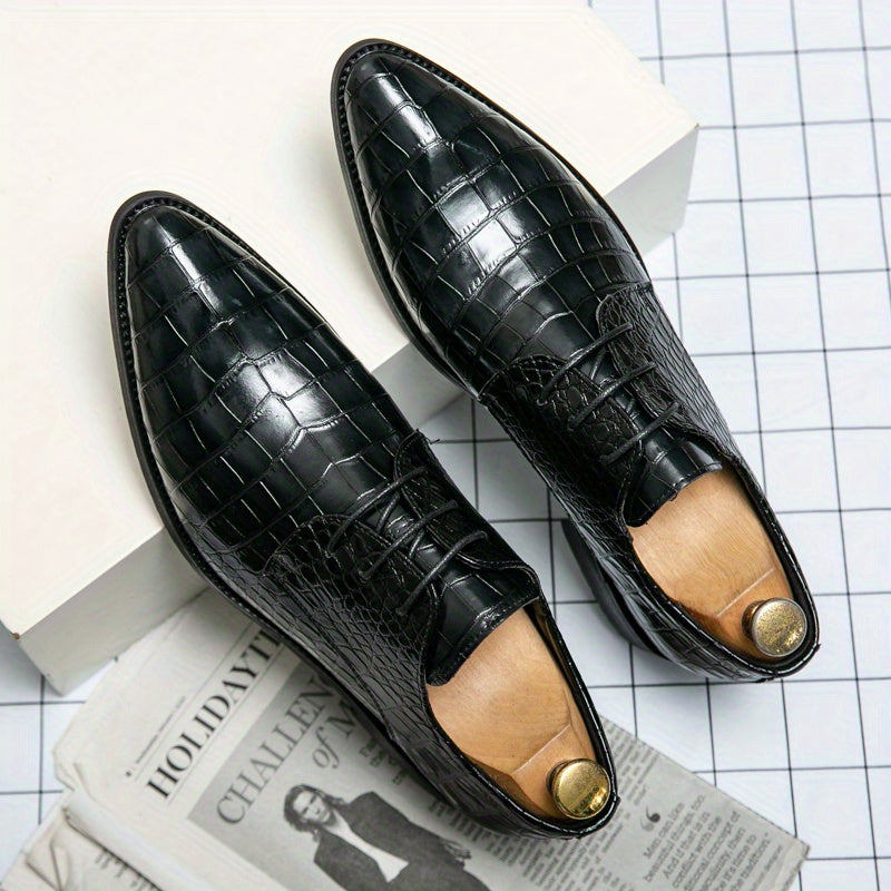 Elegant Crocodile-Embossed Derby Shoes | All-Season Slip-On with Pointed Toe for Business & Wedding: Durable, Stylish Comfort