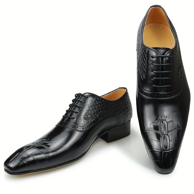 Topgrain Leather] Elegant Men's Black Oxford Dress Shoes with Crocodile Print - Lace-Up, Pointed Toe, High-Quality Rubber Sole for Business & Formal Events
