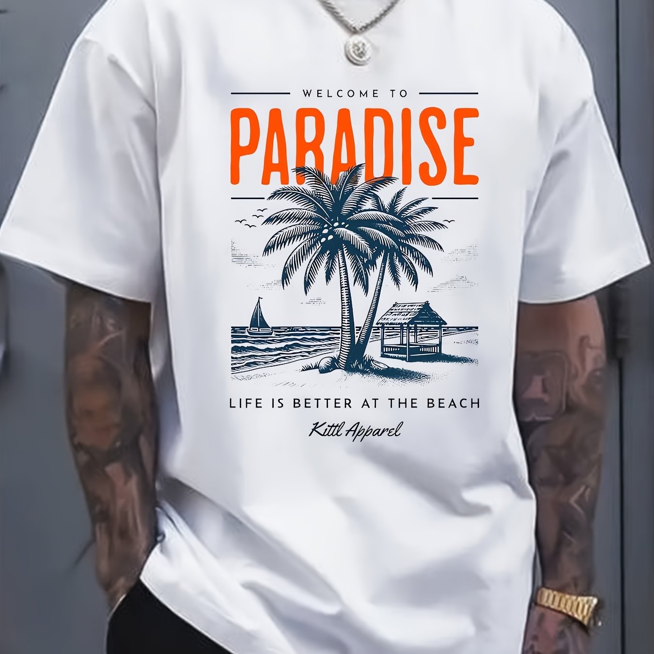 Men's Summer Casual Short Sleeve T-Shirt - 100% Cotton Relaxed Fit Round Neck Tee with Tropical Beach Paradise Graphic Print, Machine Washable for Outdoor & Daily Wear, Summer Clothing | Slogan Tshirt