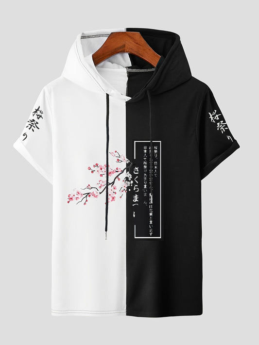 [Japanese Motif Apparel] Polyester Summer Fashion Men's Two-Tone Hooded T-Shirt - Cherry Blossom & Japanese Motif Print, Casual Short Sleeve, Machine Washable, Adult Tshirt