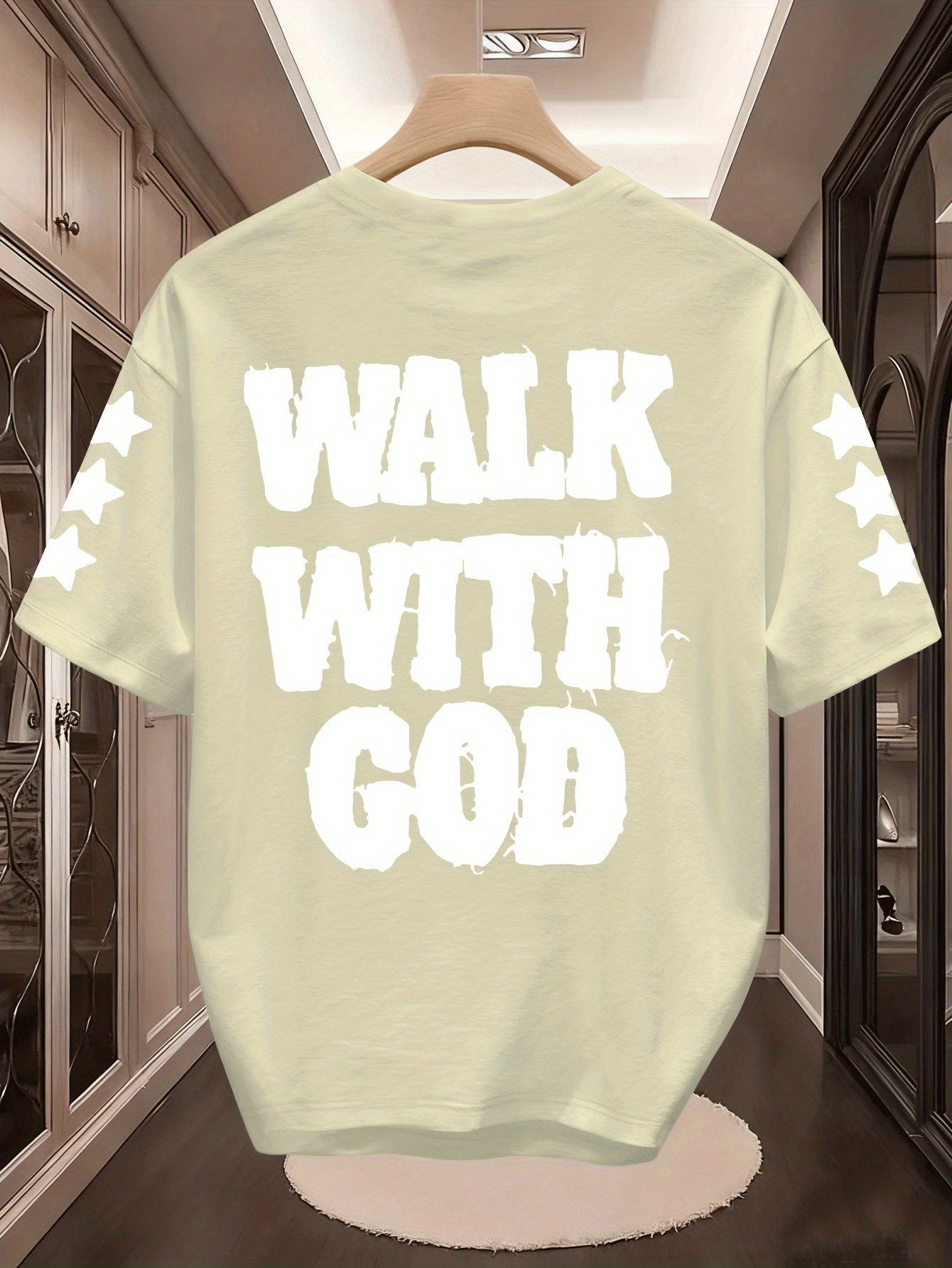 Men'S "Walk with God" Graphic Tee - Black Short Sleeve with White Lettering & Star Accents, Street Style, Comfortable Summer Shirt for Casual Outings, Everyday Tshirt | Bold Graphic Tee | Comfortable Fabri