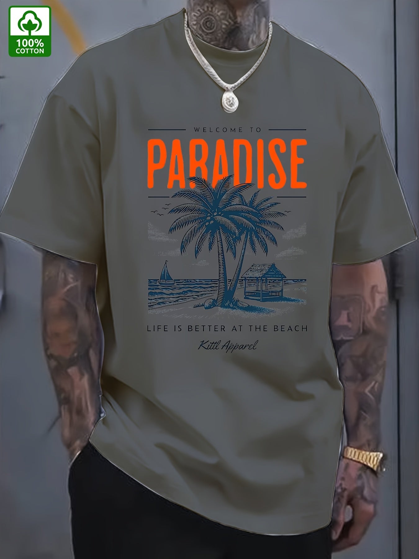 Men's Summer Casual Short Sleeve T-Shirt - 100% Cotton Relaxed Fit Round Neck Tee with Tropical Beach Paradise Graphic Print, Machine Washable for Outdoor & Daily Wear, Summer Clothing | Slogan Tshirt