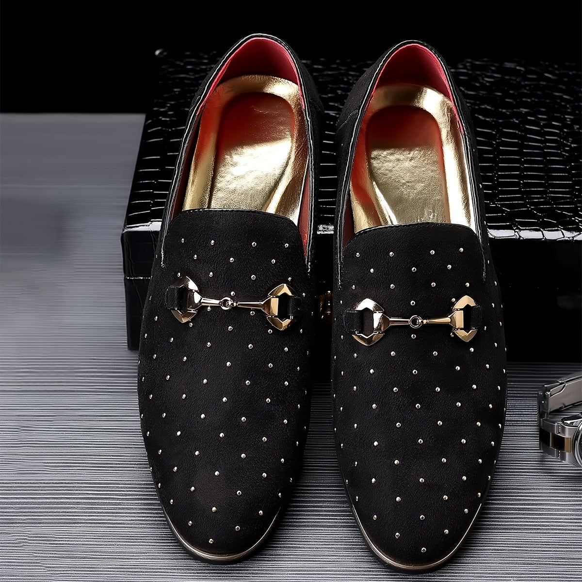 Glittering Mens Horsebit Loafers with Rhinestones - Ultra-Comfortable, Non-Slip Slip-Ons for Spring & Summer - Stylish Mens Dress Shoes