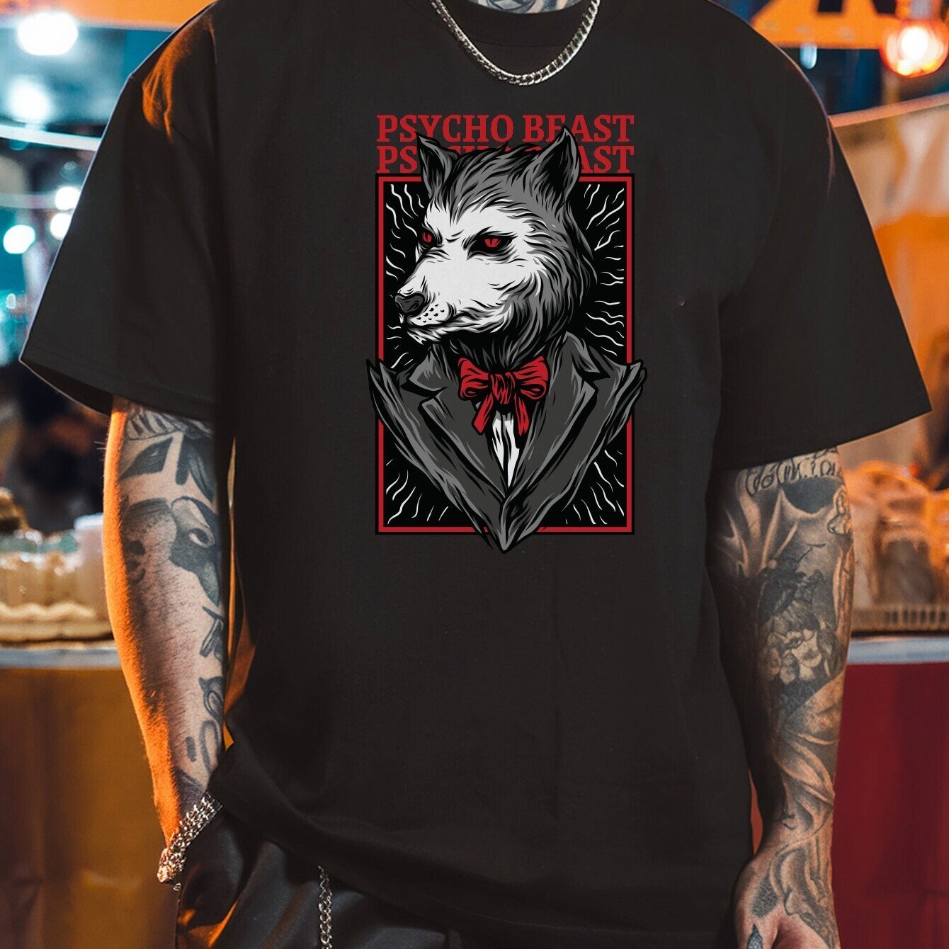 Men's Summer Casual Black T-Shirt with "PSYCHO BEAST" Wolf Graphic - Round Neck, Polyester, Machine Washable, Stylish Animal Print Tee, Everyday Tshirt|Stylish Round Neck|Polyester Shirt