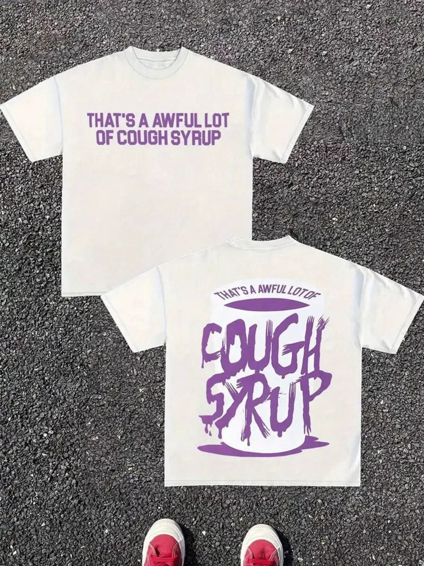 Two Black T-Shirts with 'THAT'S A AWFUL LOT OF COUGH SYRUP' Purple Text & White Container with Purple Label | Casual Crew Neck Tshirt for Trendy Streetwear Fans, Summer, Loose Fit, Short Sleeve, Heat Transfer Printing