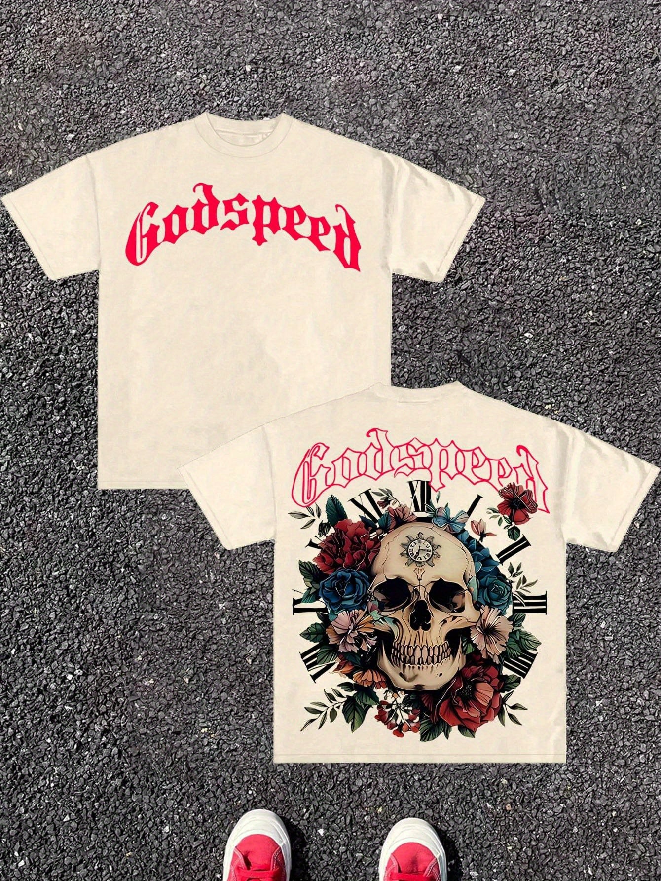 Men's & Women's Gothic Y2K Streetwear T-Shirt - Skull & Rose Double-Sided Print, Heavy Chain & Gothic Lettering (Godspeed/Gothslover), Loose Fit Unisex Cotton Tee for Punk Band Style, Casual Daily Wear & Music Events, Hallowe