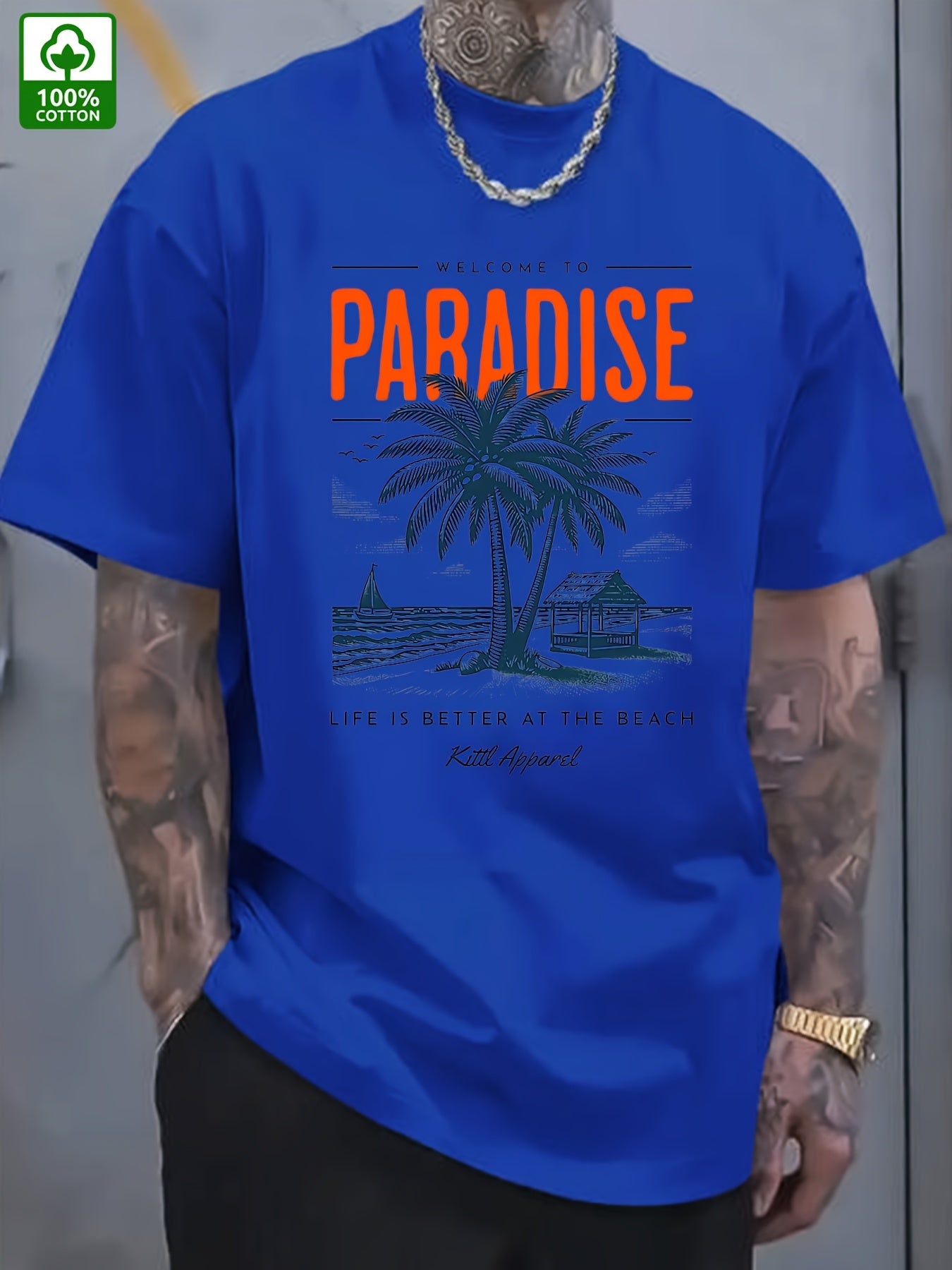 Men's Summer Casual Short Sleeve T-Shirt - 100% Cotton Relaxed Fit Round Neck Tee with Tropical Beach Paradise Graphic Print, Machine Washable for Outdoor & Daily Wear, Summer Clothing | Slogan Tshirt