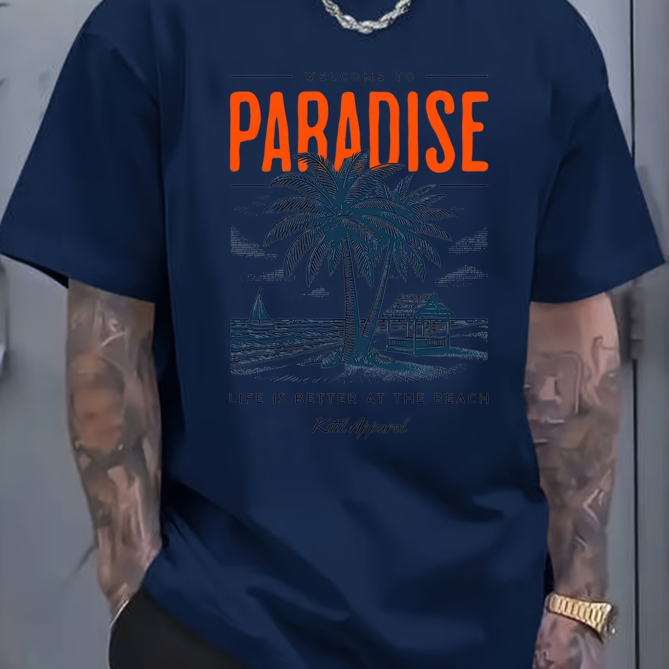 Men's Summer Casual Short Sleeve T-Shirt - 100% Cotton Relaxed Fit Round Neck Tee with Tropical Beach Paradise Graphic Print, Machine Washable for Outdoor & Daily Wear, Summer Clothing | Slogan Tshirt