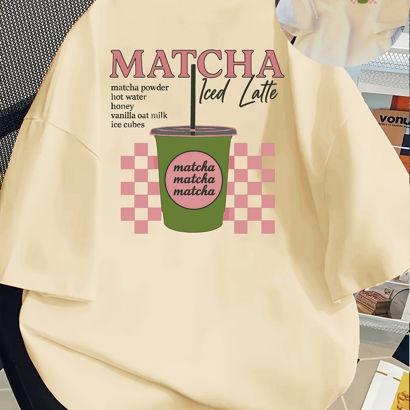 [Trendy, Matcha Lover Tee] Trendy Casual Tee - Women's Matcha Lover Graphic Tee | Light Pink with Green & White Checkered Design, "Matcha Powder Hot Water Vanilla Oat Milk Ice Cubes" Print, Casual Short Sleeve Crew Neck, Perf