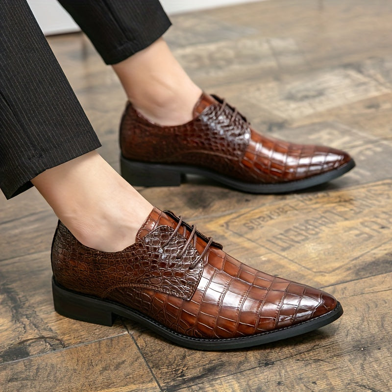 Elegant Crocodile-Embossed Derby Shoes | All-Season Slip-On with Pointed Toe for Business & Wedding: Durable, Stylish Comfort