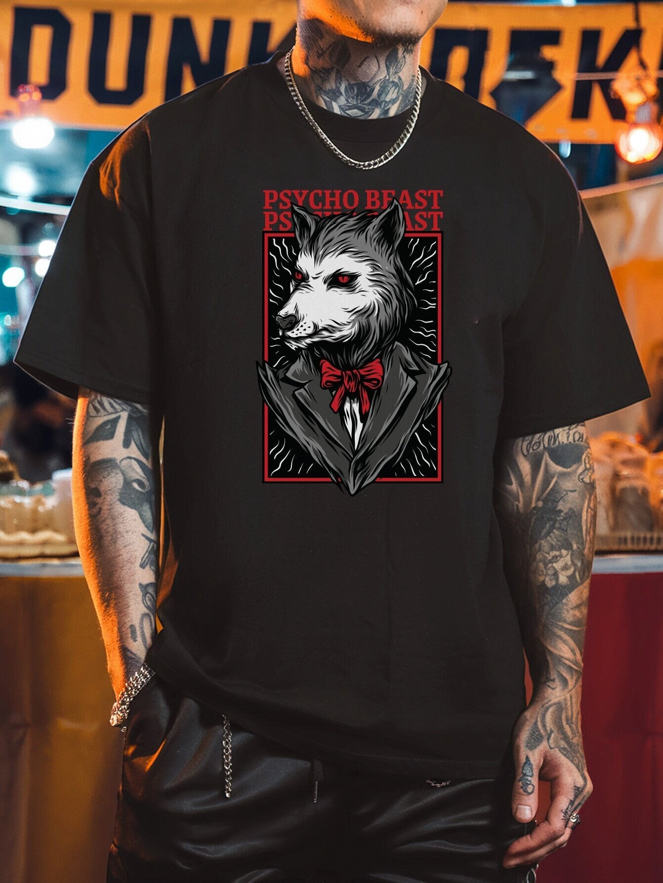 Men's Summer Casual Black T-Shirt with "PSYCHO BEAST" Wolf Graphic - Round Neck, Polyester, Machine Washable, Stylish Animal Print Tee, Everyday Tshirt|Stylish Round Neck|Polyester Shirt