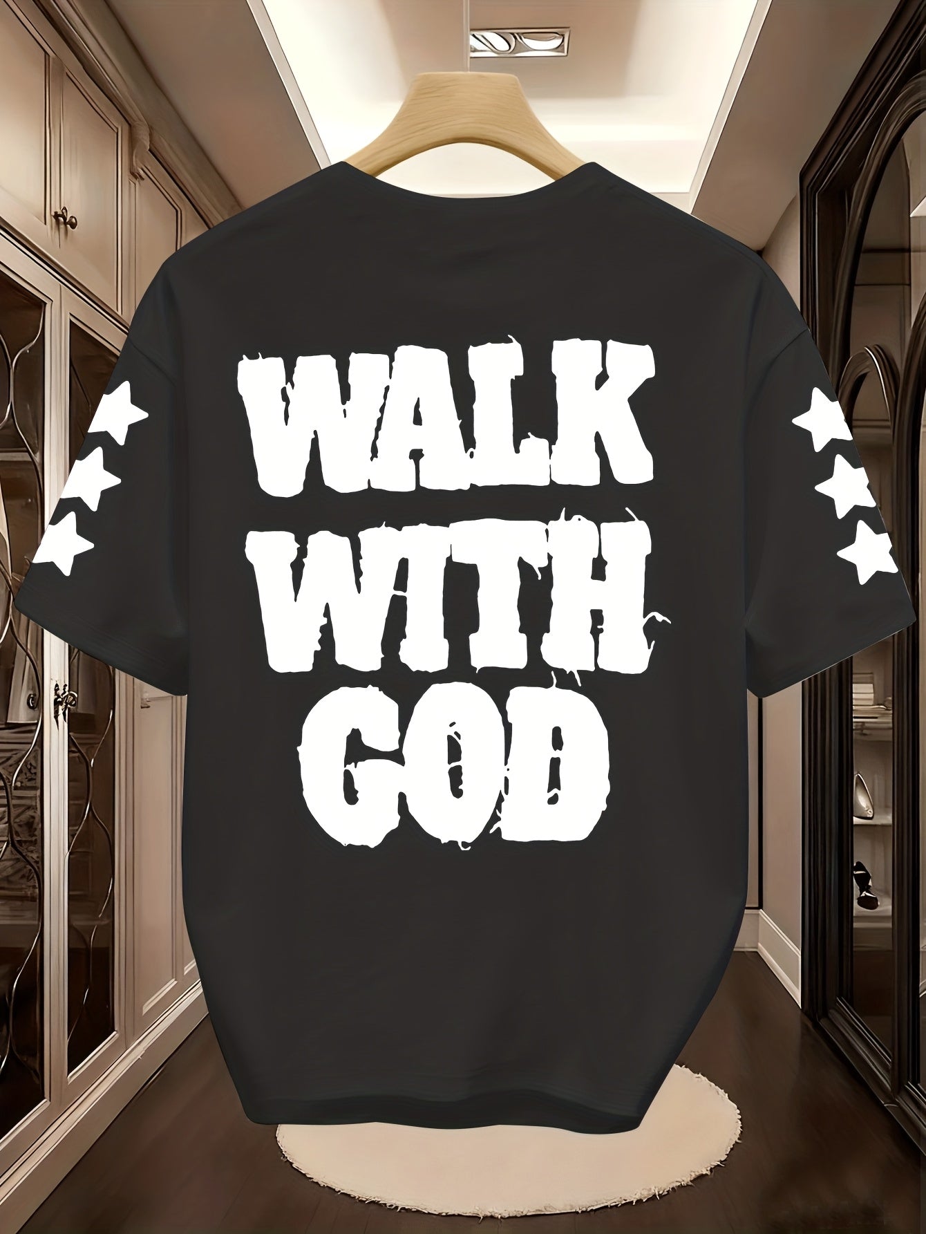 Men'S "Walk with God" Graphic Tee - Black Short Sleeve with White Lettering & Star Accents, Street Style, Comfortable Summer Shirt for Casual Outings, Everyday Tshirt | Bold Graphic Tee | Comfortable Fabri