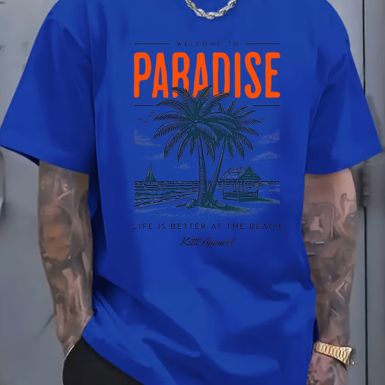 Men's Summer Casual Short Sleeve T-Shirt - 100% Cotton Relaxed Fit Round Neck Tee with Tropical Beach Paradise Graphic Print, Machine Washable for Outdoor & Daily Wear, Summer Clothing | Slogan Tshirt