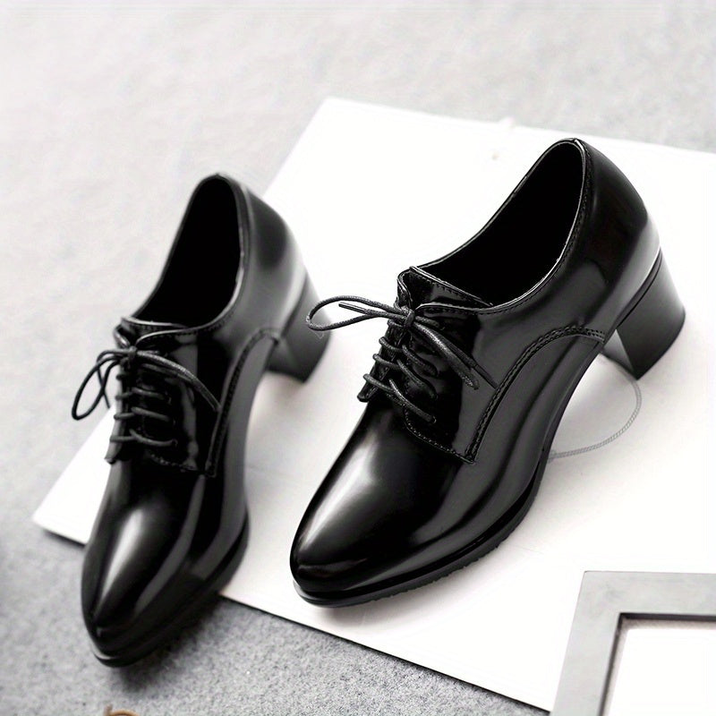 Women's Chunky Mid Heels, Pointed Toe Lace Up Faux Leather Shoes, Versatile Office Court Pumps