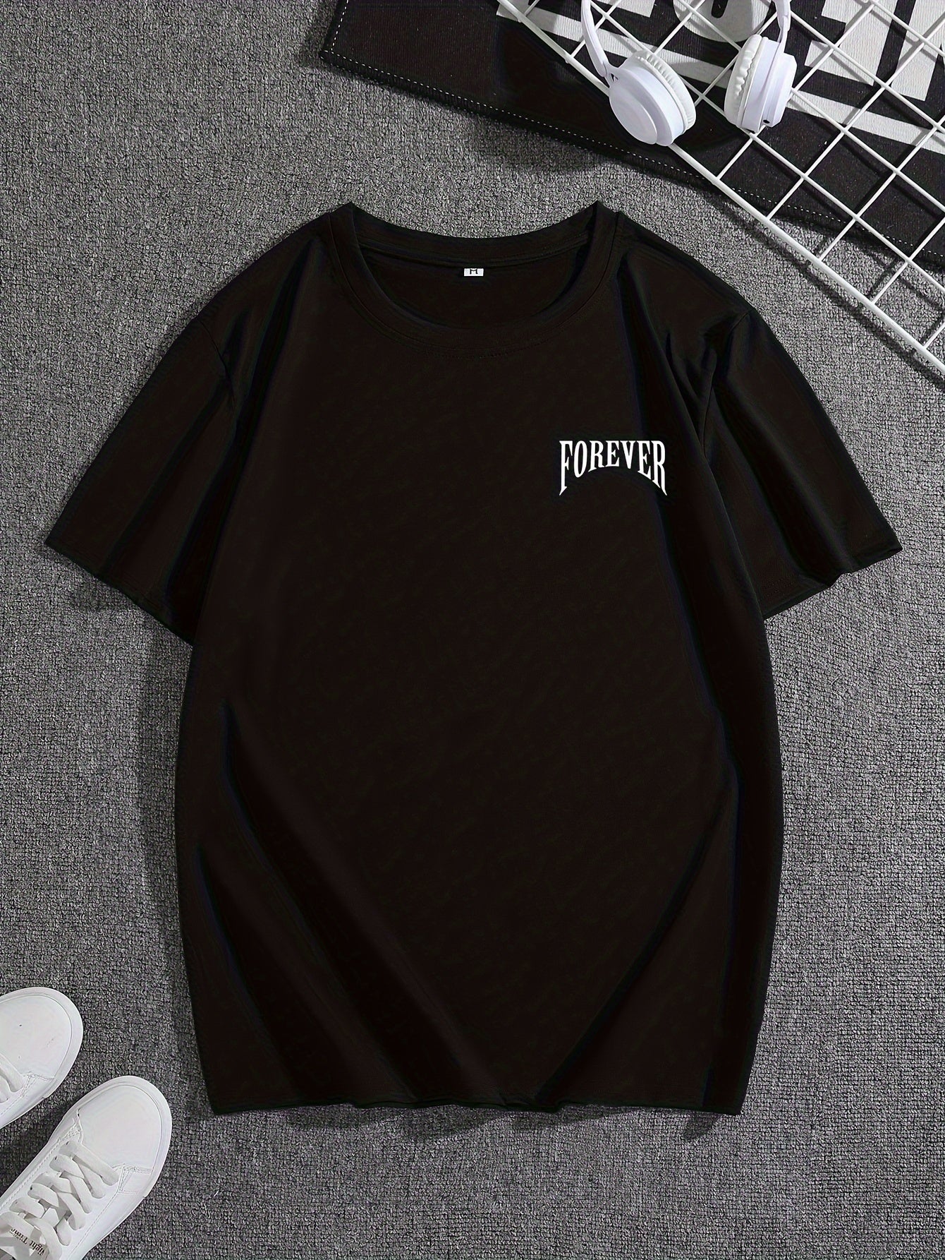 Men's "FOREVER" Angel Graphic T-Shirt - Soft, Stretchy Polyester Knit, Casual Summer Style, Crew Neck, Short Sleeve with Winged Boy Design, Casual Summer Wear|Bold Print Shirt|Glossy Fabric, Angel Tshirt