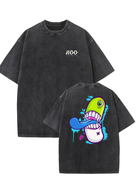 sticker Print Oversized Cotton Solid Drop Shoulder T Shirts forMen Vintage Streetwear Basic Tees Baggy Hip Hop Unisex Tops Acid Wash Tshirt