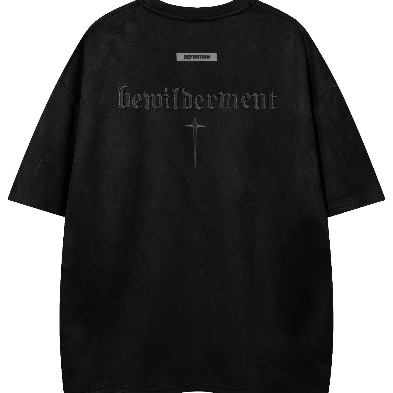 Men'S Casual Streetwear Embroidered Suede-Like Short Sleeve T-Shirt - Loose Fit, Round Neck, Summer Fashion, Black with White Cross Design, Everyday Tshirt | Streetwear Style | Suede Texture