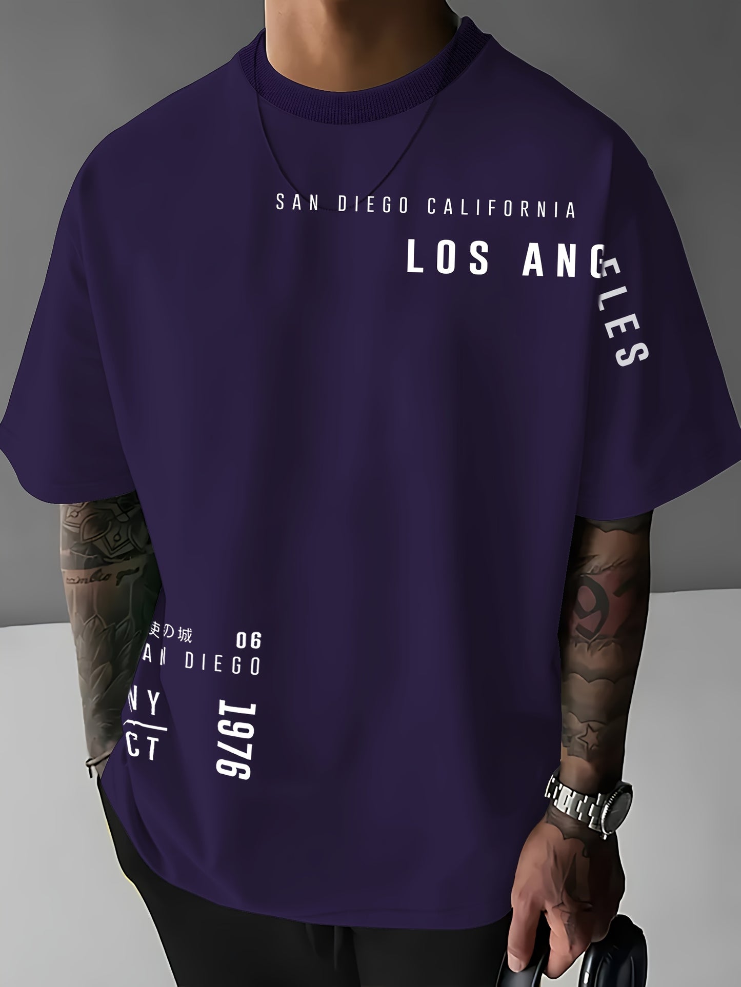 Men'S Casual "Los Angeles" Graphic T-Shirt - Blue, Short Sleeve, Round Neck, Comfortable & Stylish Summer Top with White Lettering, Perfect for Streetwear or Casual Attire, Everyday Tshirt | Streetwear Style | Comfortable Fit