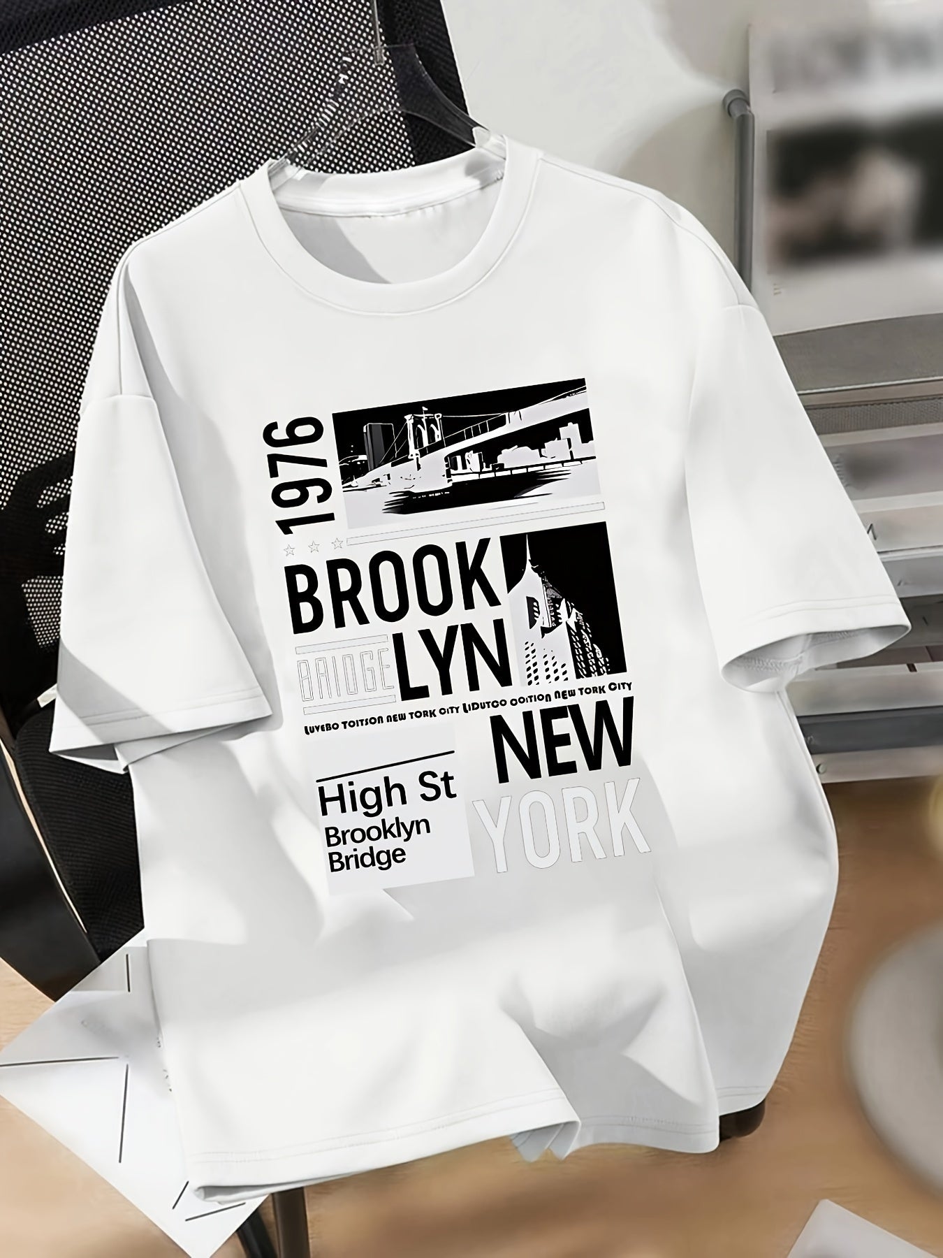 Boys' 1976 Brooklyn NY Graphic T-Shirt - Casual Crew Neck, Short Sleeve, Light Gray with Black Print, Polyester Blend, Spring/Summer Tee for Teens, Summer Tshirt | Trendy Youth Fashion | Stretch Knit Fabric