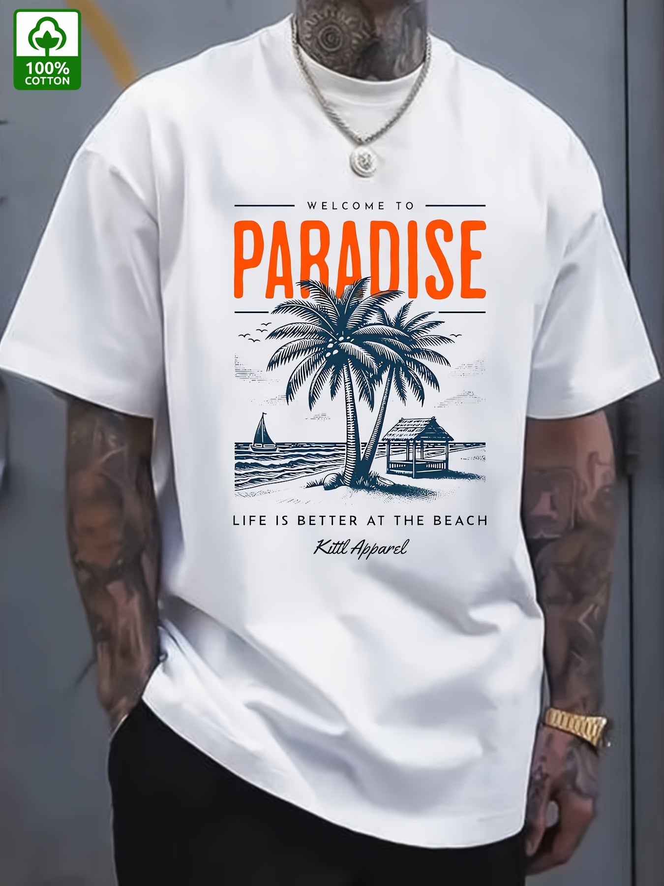 Men's Summer Casual Short Sleeve T-Shirt - 100% Cotton Relaxed Fit Round Neck Tee with Tropical Beach Paradise Graphic Print, Machine Washable for Outdoor & Daily Wear, Summer Clothing | Slogan Tshirt