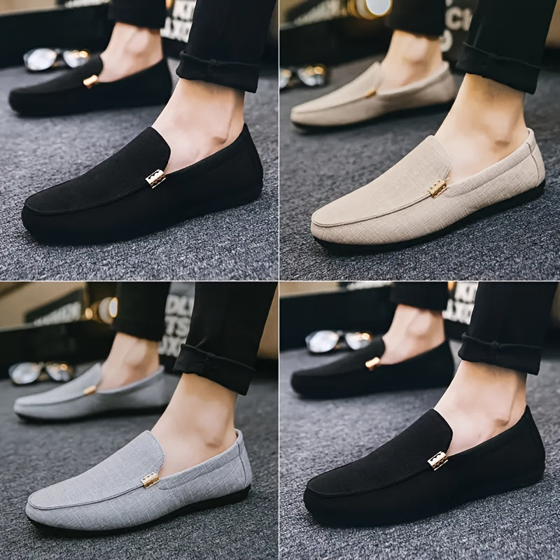 Comfy Solid Canvas Men's Loafers, Casual Slip On Flat Shoes For Outdoor Footwear