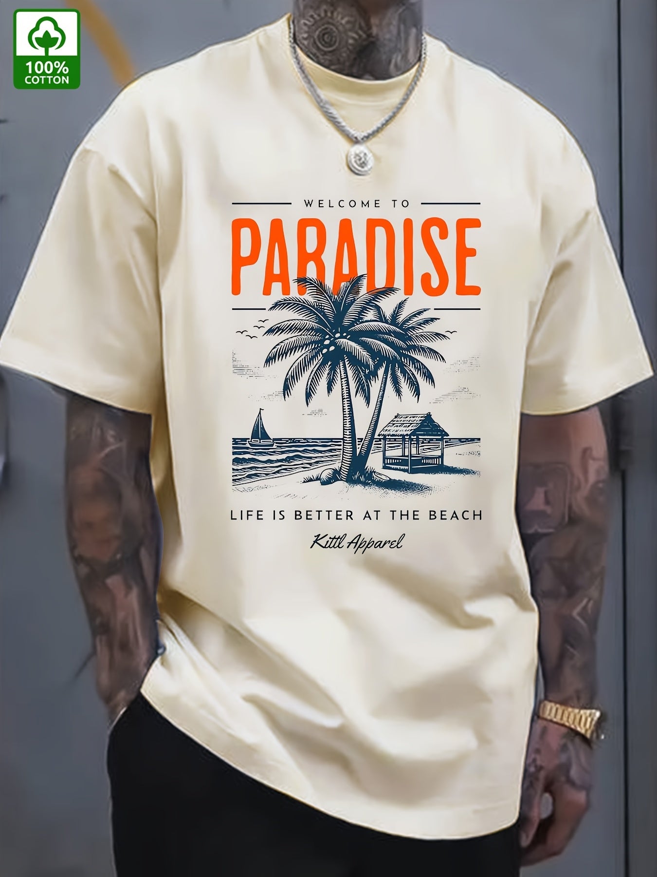 Men's Summer Casual Short Sleeve T-Shirt - 100% Cotton Relaxed Fit Round Neck Tee with Tropical Beach Paradise Graphic Print, Machine Washable for Outdoor & Daily Wear, Summer Clothing | Slogan Tshirt