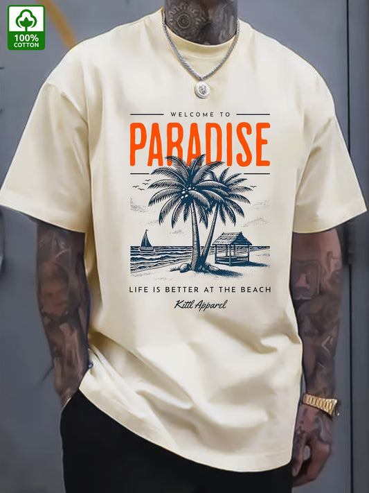 Men's Summer Casual Short Sleeve T-Shirt - 100% Cotton Relaxed Fit Round Neck Tee with Tropical Beach Paradise Graphic Print, Machine Washable for Outdoor & Daily Wear, Summer Clothing | Slogan Tshirt