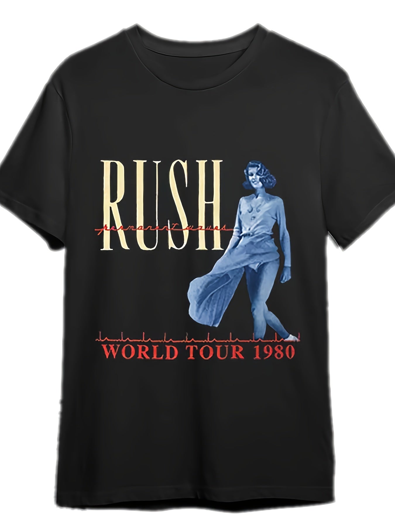 RUSH Band Tshirt, Vintage Rush World Tour 1980 Tshirt 334865 Funny Men's Short Sleeve Graphic T-shirt Collection Black PR