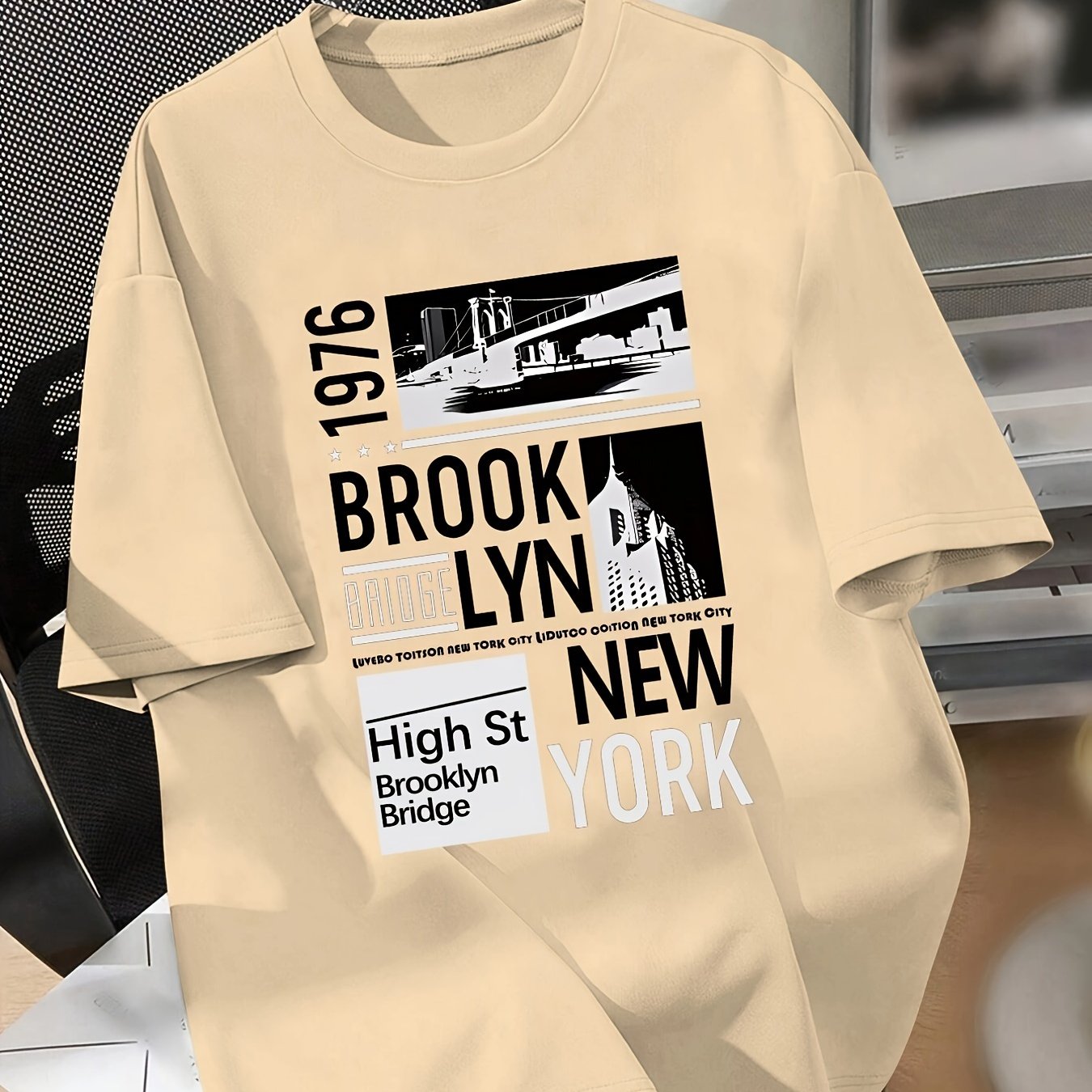 Boys' 1976 Brooklyn NY Graphic T-Shirt - Casual Crew Neck, Short Sleeve, Light Gray with Black Print, Polyester Blend, Spring/Summer Tee for Teens, Summer Tshirt | Trendy Youth Fashion | Stretch Knit Fabric