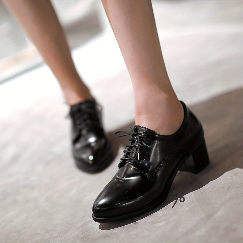 Women's Chunky Mid Heels, Pointed Toe Lace Up Faux Leather Shoes, Versatile Office Court Pumps