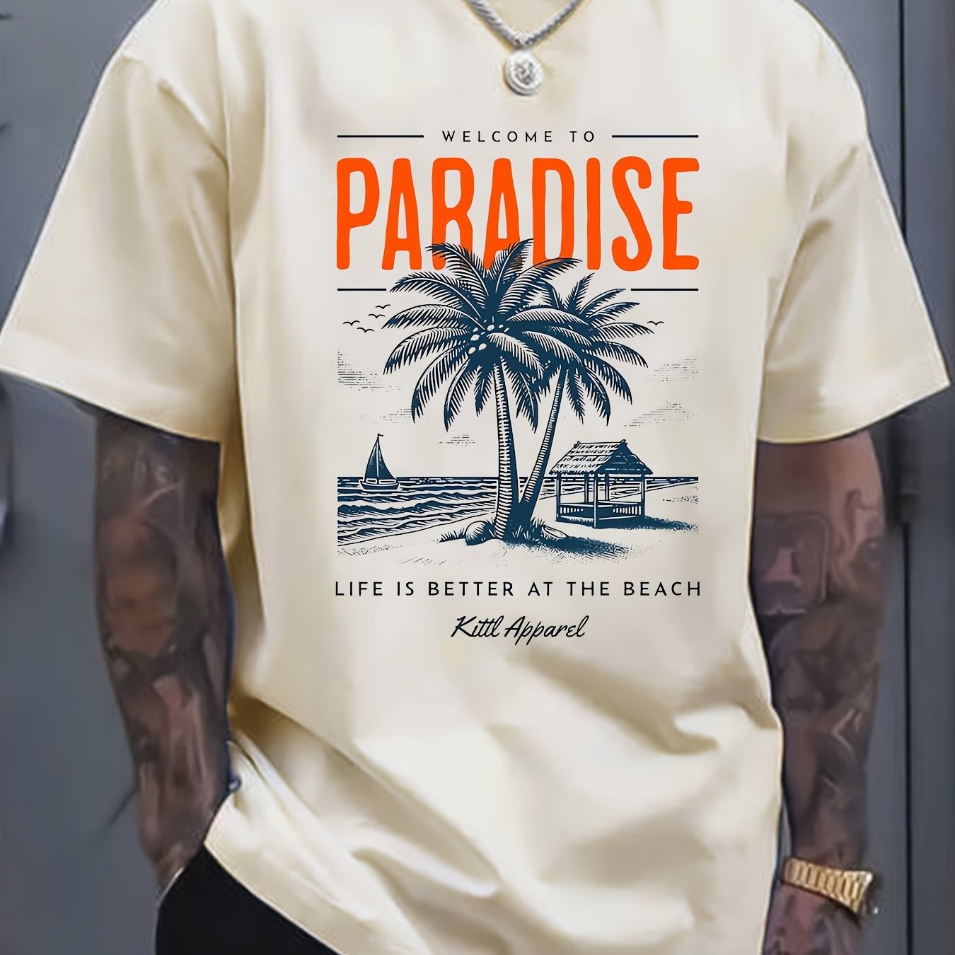 Men's Summer Casual Short Sleeve T-Shirt - 100% Cotton Relaxed Fit Round Neck Tee with Tropical Beach Paradise Graphic Print, Machine Washable for Outdoor & Daily Wear, Summer Clothing | Slogan Tshirt