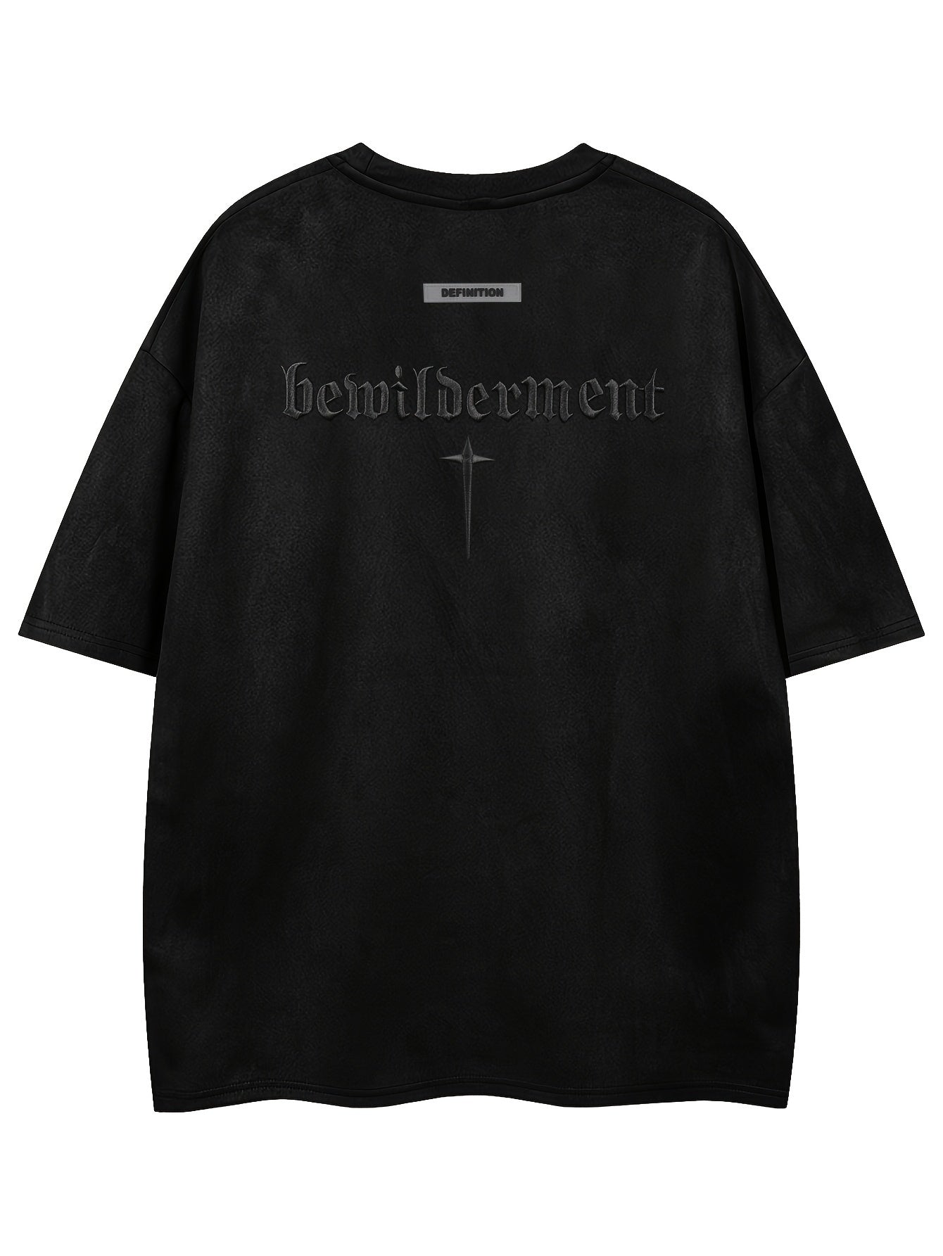 Men'S Casual Streetwear Embroidered Suede-Like Short Sleeve T-Shirt - Loose Fit, Round Neck, Summer Fashion, Black with White Cross Design, Everyday Tshirt | Streetwear Style | Suede Texture