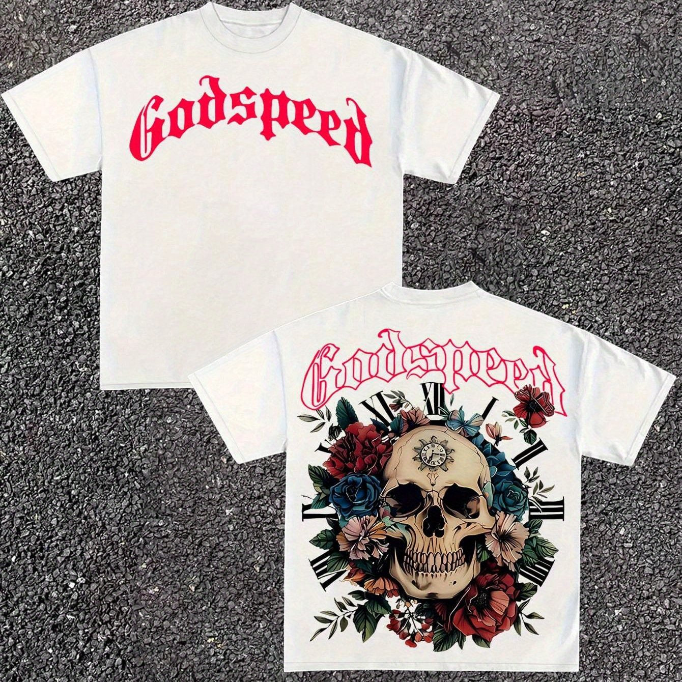 Men's & Women's Gothic Y2K Streetwear T-Shirt - Skull & Rose Double-Sided Print, Heavy Chain & Gothic Lettering (Godspeed/Gothslover), Loose Fit Unisex Cotton Tee for Punk Band Style, Casual Daily Wear & Music Events, Hallowe