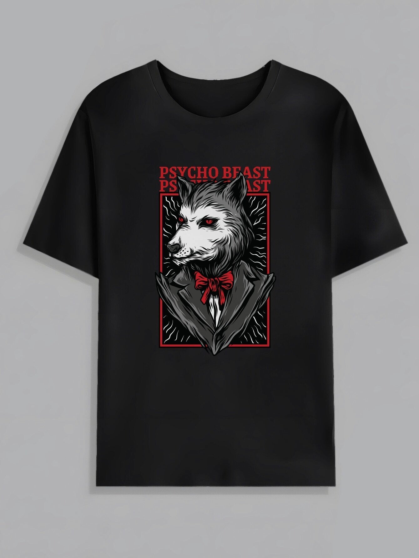 Men's Summer Casual Black T-Shirt with "PSYCHO BEAST" Wolf Graphic - Round Neck, Polyester, Machine Washable, Stylish Animal Print Tee, Everyday Tshirt|Stylish Round Neck|Polyester Shirt