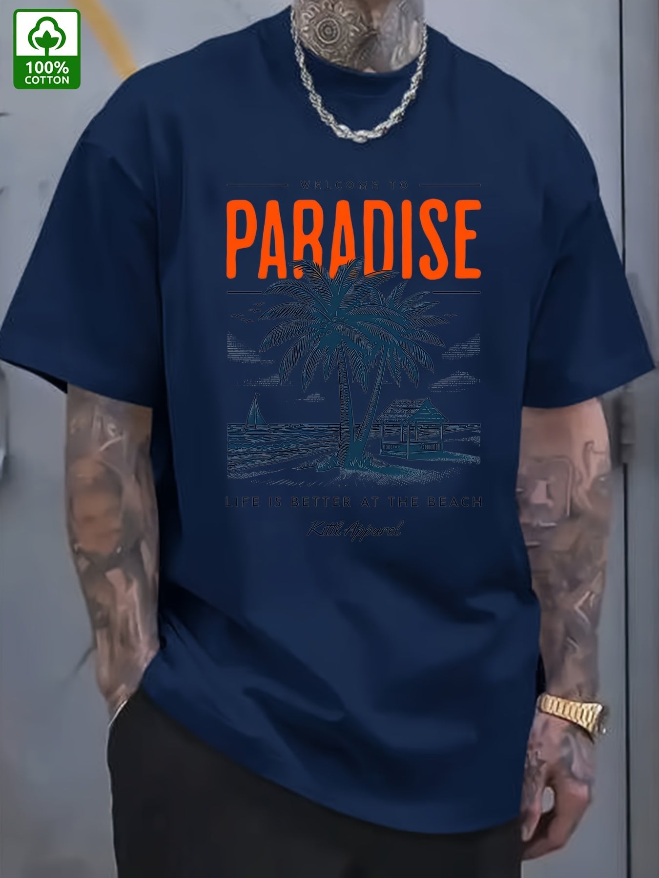 Men's Summer Casual Short Sleeve T-Shirt - 100% Cotton Relaxed Fit Round Neck Tee with Tropical Beach Paradise Graphic Print, Machine Washable for Outdoor & Daily Wear, Summer Clothing | Slogan Tshirt