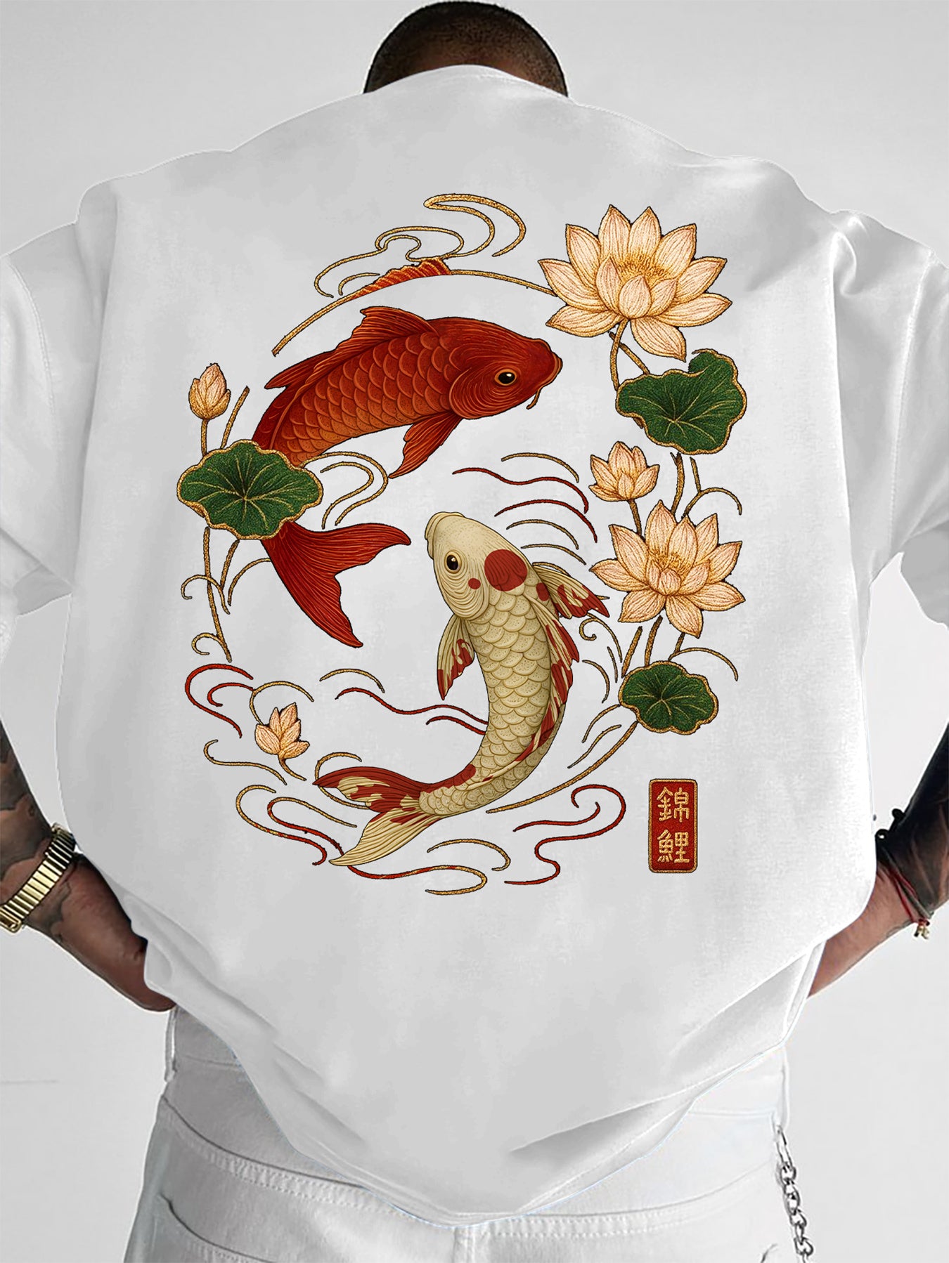 Men's Korean Style Koi Fish & Lotus T-Shirt, Dark Green/Black with Golden/Yellow Koi Print, Loose Fit Streetwear Summer Tee, Machine Washable Soft Polyester-Like Fabric, Casual & Asian-Themed Outfits, Halloween Costume, Tops,