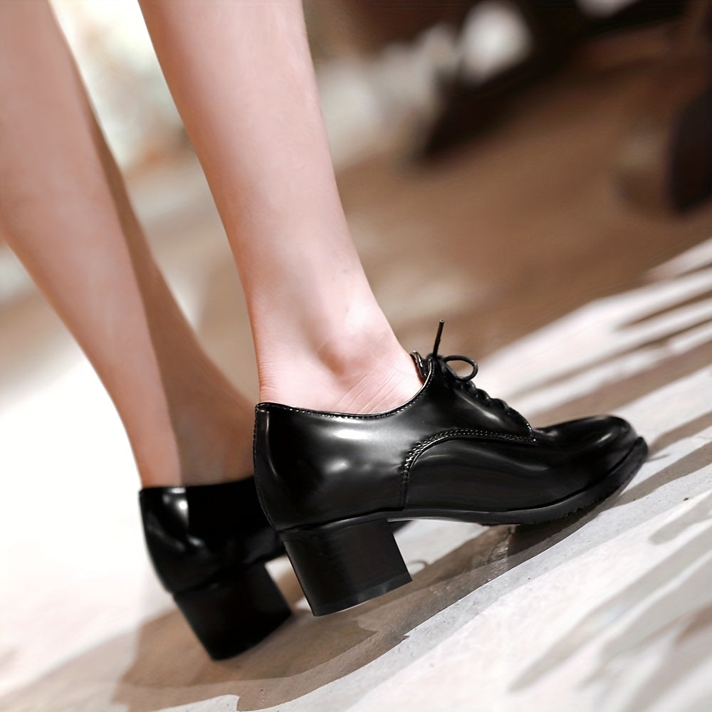 Women's Chunky Mid Heels, Pointed Toe Lace Up Faux Leather Shoes, Versatile Office Court Pumps