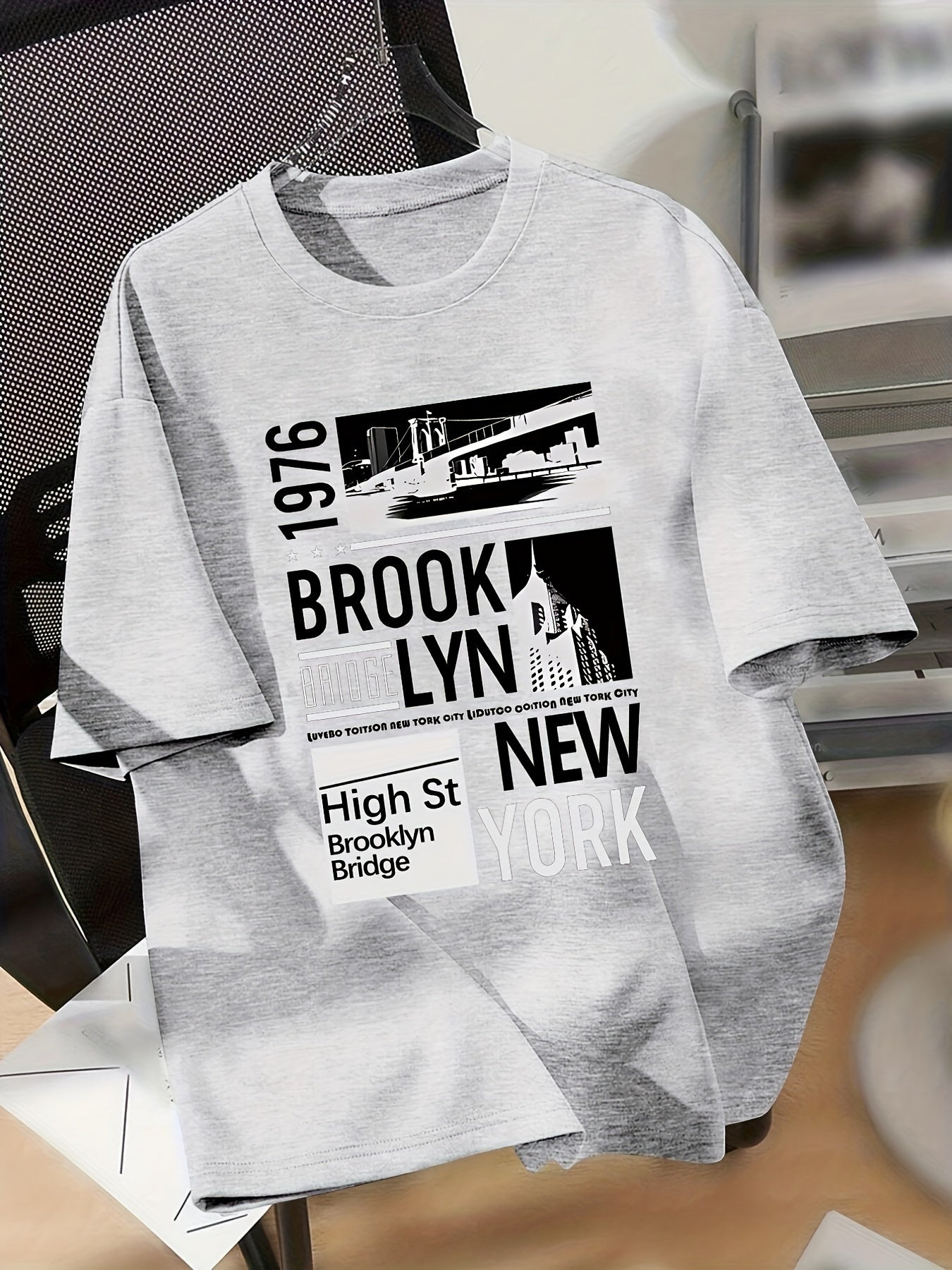 Boys' 1976 Brooklyn NY Graphic T-Shirt - Casual Crew Neck, Short Sleeve, Light Gray with Black Print, Polyester Blend, Spring/Summer Tee for Teens, Summer Tshirt | Trendy Youth Fashion | Stretch Knit Fabric